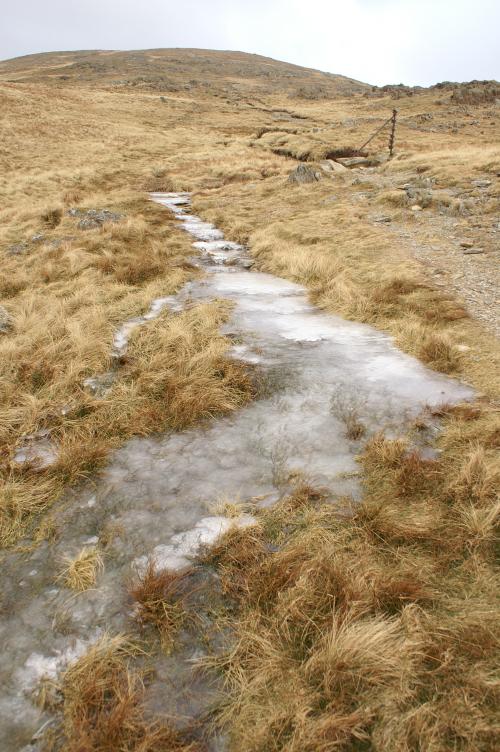 A frozen water flow on the path A frozen water flow on the path